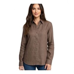 Jones New York Sport Womens Brown Linen Button-Up Shirt M Adjustable Long Sleeve